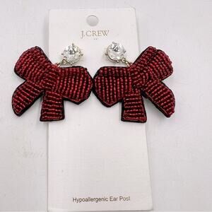 J. Crew Factory Red Beaded Bow Earrings Rhinestone Stud Dramatic Whimsical Glam